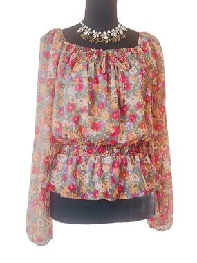 LC LAUREN CONRAD ~ Floral Sheer Long Sleeve Blouse Pink and Orange Drop Waist